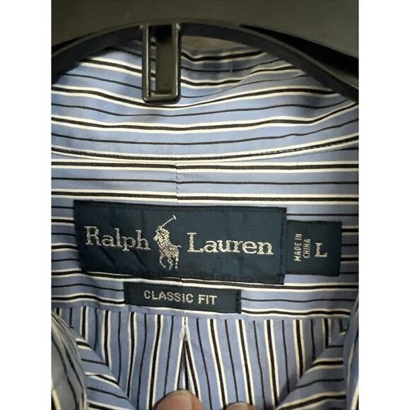 Vtg Ralph Lauren Button Shirt Mens Large Blue Stripe Color Pony Classic Fit Long - Picture 3 of 6